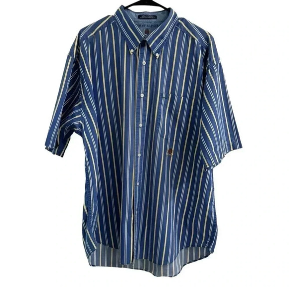 Vintage Tommy Hilfiger Button Up Shirt Size XL Blue Yellow Stripes Logo Casual - Picture 9 of 9